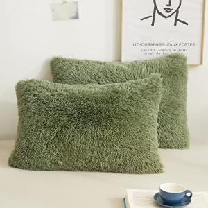 Sage Green Faux Fur Decorative Pillow Cover Set