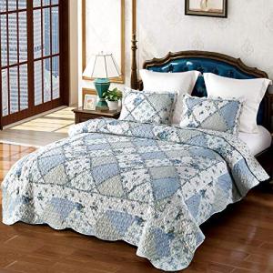 Blue Floral Patchwork Quilt Set, Full/Queen Size