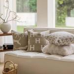 Beige H Letter Embroidered Throw Pillow Cover