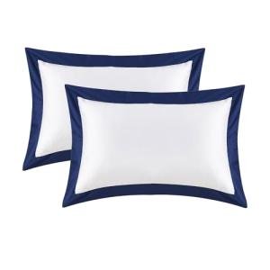 White Cotton Pillow Shams Set with Navy Border