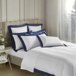 White Cotton Pillow Shams Set with Navy Border