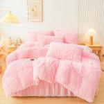 Fluffy Pink Faux Fur Bedding Set for Queen
