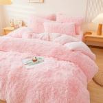 Fluffy Pink Faux Fur Bedding Set for Queen
