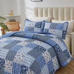 Blue Boho King Quilt Set with Floral Plaid