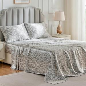 FreshCulture Satin Sheets Full Size - 4 Piece Luxury Soft Silky Full Size Bed Sheets, Similar to Silk Bed Sheet Set with 1 Deep Pocket Fitted Sheet, 1 Flat Sheet & 2 Pillowcases (Leopard)