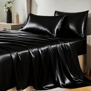 CozyLux Black Satin Queen Bed Sheet Set