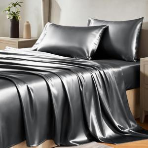 CozyLux 4-Piece Dark Grey Satin Queen Sheet Set