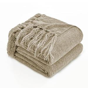 Simple&Opulence Soft Chenille Throw Blanket 50'' x 60'' - Cozy Fluffy Blanket with Fringe Tassel, Farmhouse Boho Blankets for Couch Bed Office Chair Gift Home Decor All Season Use, Khaki