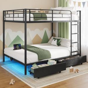 Full Over Full Metal Bunk Bed with USB & LED
