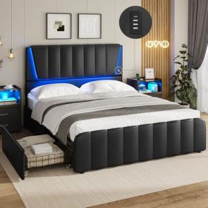Queen Bed Frame with LED Light and Storage Drawers