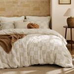 Bedsure King Size Comforter Set Beige, Boho Tufted Bed Set, Checkered Farmhouse Shabby Chic Bedding, 3 Pieces, 1 Plaid Geometric Comforter and 2 Pillow Shams