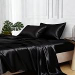 Queen Satin Bed Sheets Set - 4 Pcs Black