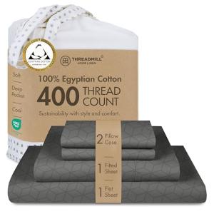 Threadmill Queen Bed Linen Set, 400 Thread Count Egyptian Cotton, Deep Pocket, Cooling Damask Jacquard, Dark Grey, 4 Piece Set