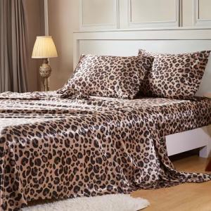 Silky Satin Queen Bed Sheets Set - Brown Leopard