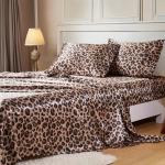 Silky Satin Queen Bed Sheets Set - Brown Leopard