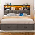 Full Size Upholstered Bed Frame with Storage & LED