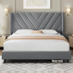 Yaheetech Light Grey Queen Upholstered Bed Frame
