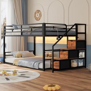 Twin Over Twin Metal Bunk Bed with Storage & Lights