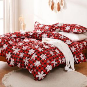 Red Buffalo Plaid Snowflakes Queen Duvet Cover Set