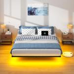 Queen Floating Bed Frame with LED Lights and Charging Station