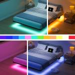 Queen Floating Bed Frame with LED Lights and Charging Station