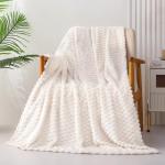 Exclusivo Mezcla Extra Large Soft Fleece Throw Blanket, 50x70 Inches Stylish Jacquard Throw Blanket for Couch, Fuzzy Cozy Lightweight for All Season, Ivory