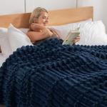 Exclusivo Mezcla Fleece Throw Blanket for Couch, Super Soft Striped Jacquard Bed Blanket, Lightweight Fuzzy Cozy for All Seasons, 50x60 Inches, Navy Blue