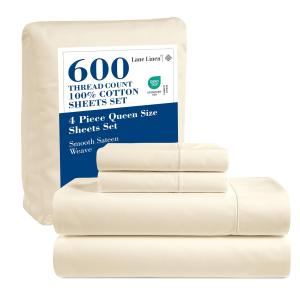 LANE LINEN Bed Sheets Queen Size – Premium 600 Thread Count Long-Staple 100% Cotton Sheets Queen Size Set, Hotel Luxury Soft & Cool Sateen Finish, Fully Elasticized 15" Deep Pocket – Ivory