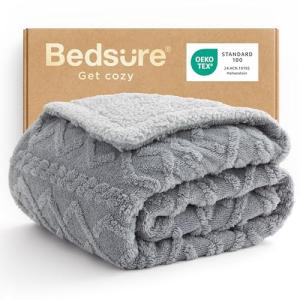 Bedsure Gentlesoft Sherpa Fleece Throw Blanket for Couch - Fluffy & Cozy Cable Jacquard Tufted Throw for Women Gift, Thick and Warm Blankets for Winter, Grey, 50x60 Inches