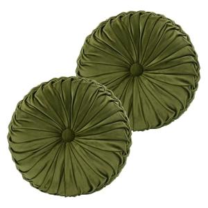 HIG Set of 2 Decorative Round Pleated Throw Pillows, Classy Accent Pumpkin Throw Pillows with Center Button, Vintage Velvet Floor Pillows for Sofa Couch Vanity Chair Bed, Olive, 14.5" Diameter(Ripple)