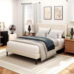Beige Queen Bed Frame with Tufted Headboard