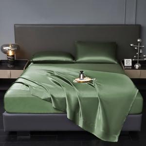 Olive Green Satin Queen Bed Set - 4 Pieces