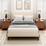 Beige Queen Bed Frame with Tufted Headboard
