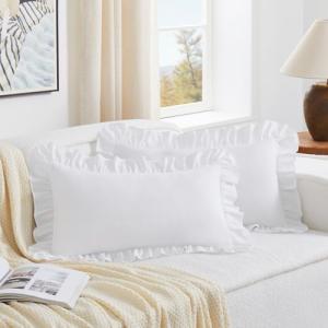 Ruffled White Lumbar Pillow Covers Set of 2