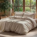 Bedsure 100% Washed Cotton Duvet Cover Queen Size - Frosted Almond Minimalist Cotton Duvet Cover Linen Like for All Seasons - GentleSoft™ Plain Simple Bedding, 3 Pieces, Frosted Almond, Queen, 90"x90"