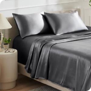 Bare Home King Poly Satin Sheet Set - Luxury Soft and Smooth Satin - for Hair and Skin - Breathable - Similar to Silk - Deep Pocket up to 15” - Bedding Sheet Set (King, Grey)