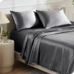 Bare Home King Poly Satin Sheet Set - Luxury Soft and Smooth Satin - for Hair and Skin - Breathable - Similar to Silk - Deep Pocket up to 15” - Bedding Sheet Set (King, Grey)