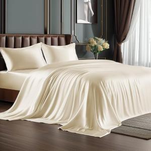 Luxury Beige Satin Queen Bed Set, 4 Pieces