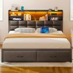 Rolanstar Double Bed Frame with Drawers and LED Light