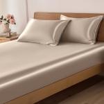 Beige Satin Queen Bed Sheet Set with Pillowcases