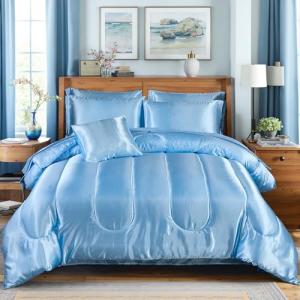Silk Like Blue Comforter Set with Sheet Sets Full 8 Pieces Satin Bedding Silky Bed-in-a-Bag Luxury Hotel Light Blue with 1 Cushion Cover