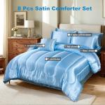 Silk Like Blue Comforter Set with Sheet Sets Full 8 Pieces Satin Bedding Silky Bed-in-a-Bag Luxury Hotel Light Blue with 1 Cushion Cover