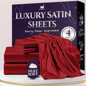 SLEEP SANCTUARY Satin Sheets Queen Size – 4 Piece Luxury Silky Bed Set, Softer Than Silk, 15" Deep Pocket, Cooling & Wrinkle-Free, Moisture-Wicking & Breathable for Hair & Skin (Red)