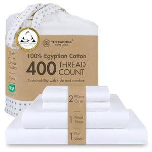 Threadmill Egyptian Cotton Queen Sheet Set | 100% Certified Egyptian Cotton Sheets for Queen Size Bed | Queen Bed Sheets Set with Snug Fit 16" Deep Pocket | Soft Cooling Sateen Bedding Set | White