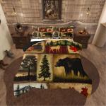 Rustic Farmhouse Bedding Comforter Sets Queen Size, Retro Cabin Lodge Bedding Sets, Hunting Bear Deer Comforter Set, Country Maple Leaves Duvet Insert, Rustic Woodland Pine Tree Quilt, Red Brown
