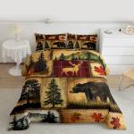 Rustic Farmhouse Bedding Comforter Sets Queen Size, Retro Cabin Lodge Bedding Sets, Hunting Bear Deer Comforter Set, Country Maple Leaves Duvet Insert, Rustic Woodland Pine Tree Quilt, Red Brown