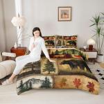 Rustic Farmhouse Bedding Comforter Sets Queen Size, Retro Cabin Lodge Bedding Sets, Hunting Bear Deer Comforter Set, Country Maple Leaves Duvet Insert, Rustic Woodland Pine Tree Quilt, Red Brown
