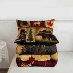 Rustic Farmhouse Bedding Comforter Sets Queen Size, Retro Cabin Lodge Bedding Sets, Hunting Bear Deer Comforter Set, Country Maple Leaves Duvet Insert, Rustic Woodland Pine Tree Quilt, Red Brown