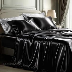 Bedsure Queen Satin Sheet Set - Black, 4 Pieces