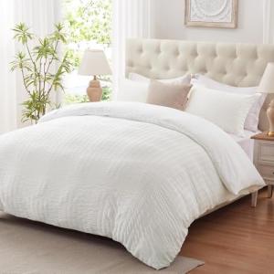 Cozyide White Duvet Cover Queen Size, 3 Pieces Bedding Duvet Covers, Soft Breathable Seersucker Duvet Cover Set with Zipper Closure and Corner Ties (1 Duvet Cover 90"x90" + 2 Pillow Shams 20"x26")